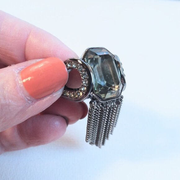 Statement Silver Toned Ring w/ Long Fringe Faux Gemstone Adjustable Cocktail - Picture 4 of 10